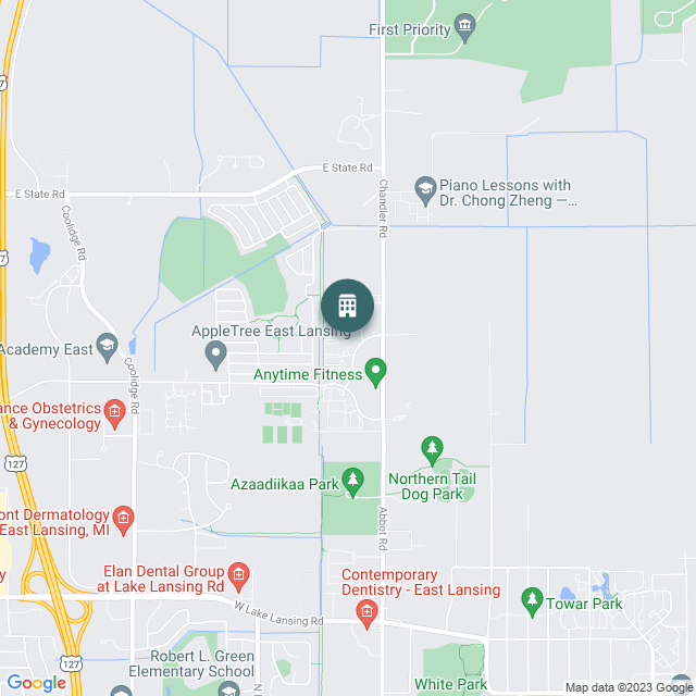 Map of Chandler Lofts, a Student Housing real estate investment opportunity in East Lansing, MI listed on the CrowdStreet Marketplace. 