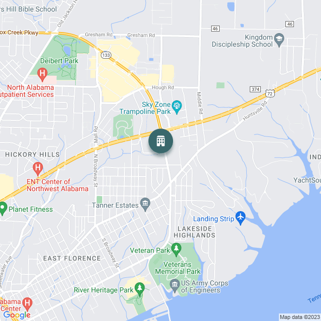 Map of Singing River Cancer Center, a Medical Office real estate investment opportunity in Florence, AL listed on the CrowdStreet Marketplace. 