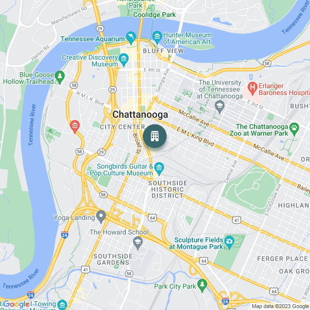 Map of Moxy Chattanooga, a Hotel / Hospitality real estate investment opportunity in Chattanooga, TN listed on the CrowdStreet Marketplace. 